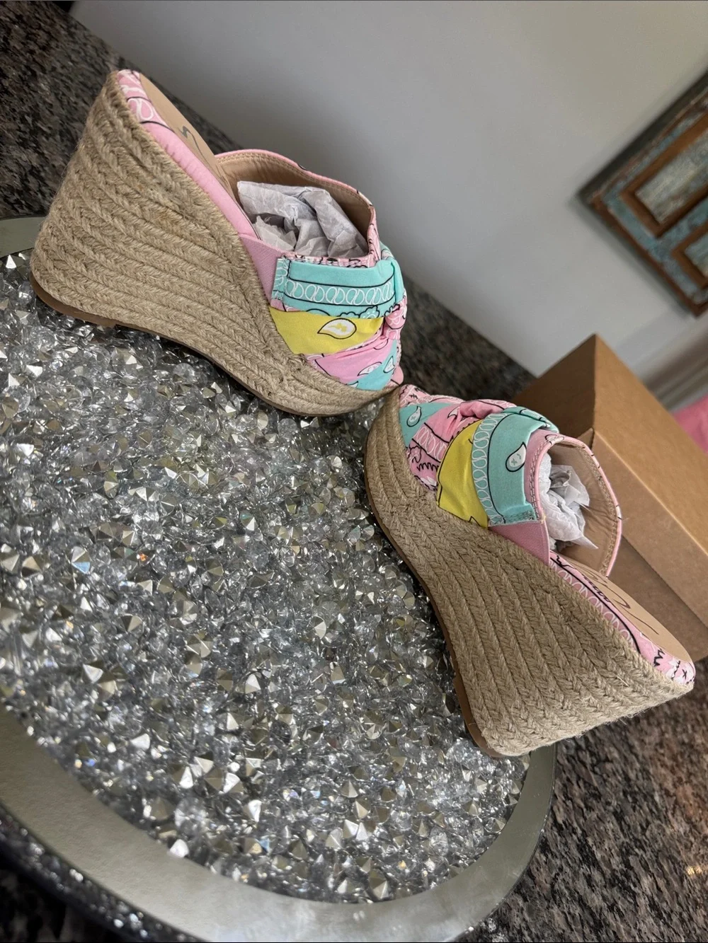 Sugar Bandana-Print Rope Wedge espadrilles Slides in NWT 6